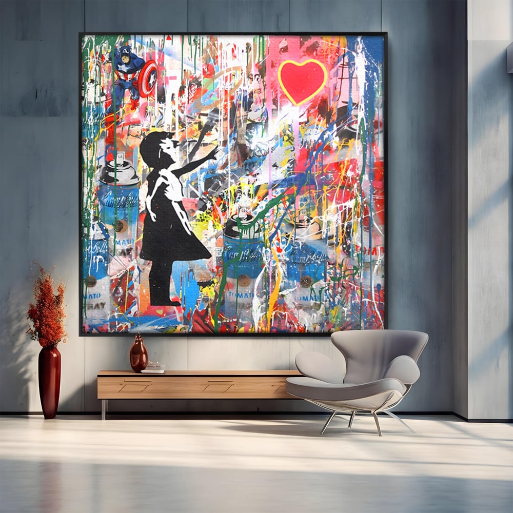Tablou canvas cu tablou canvas cu silueta de copil si inima rosie, in rama de aluminiu negru